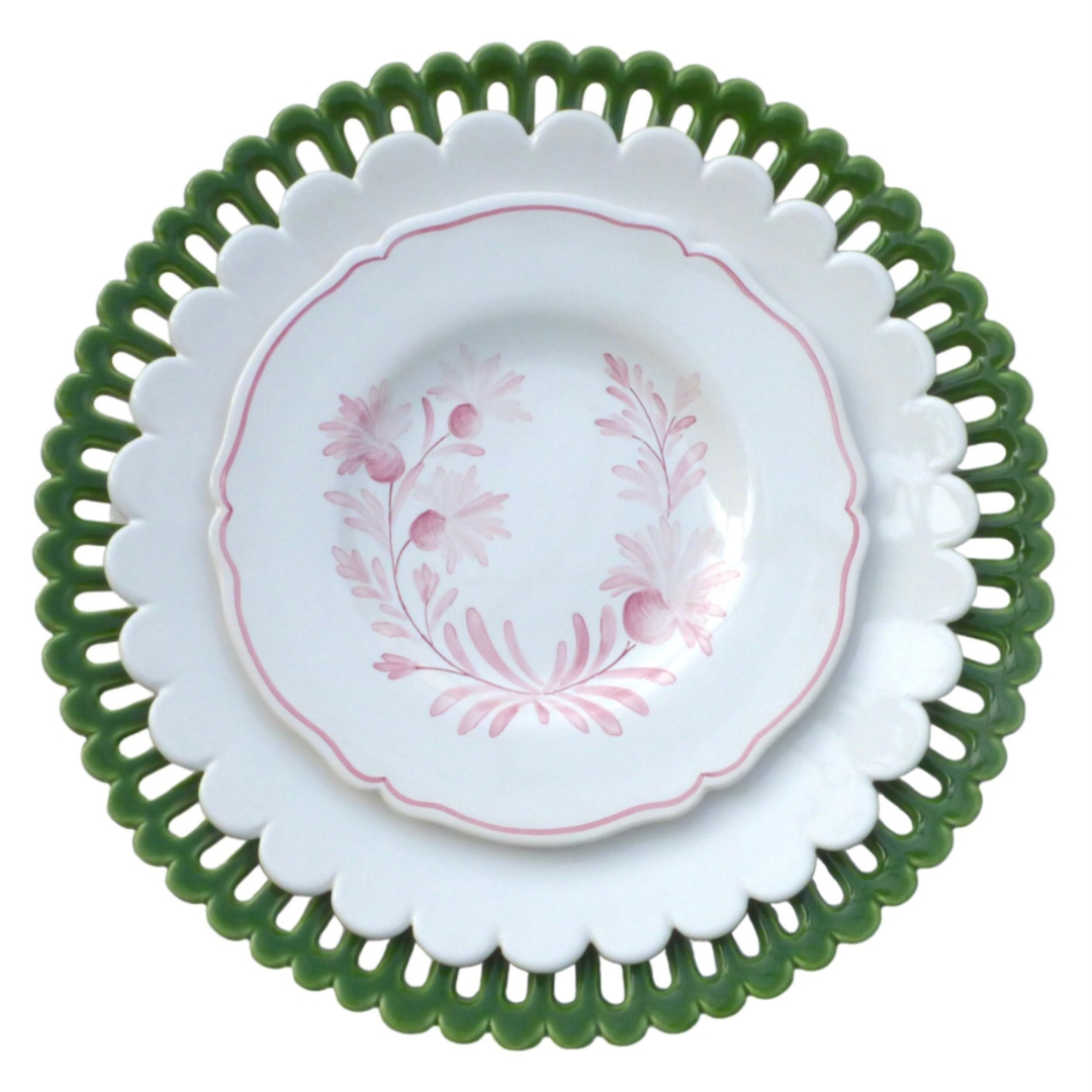 Scalloped edge Feston Plate with Antique Flower wreath decoration in pink shown with a white Chevet Pleine plate and a Bourg-Joly openwork plate in green