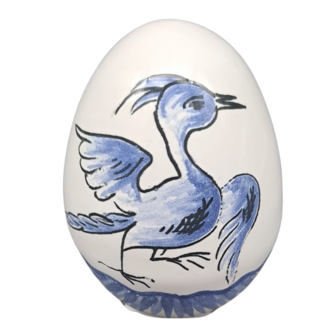 Egg with Moustiers Bird hand painted blue monochrome decoration