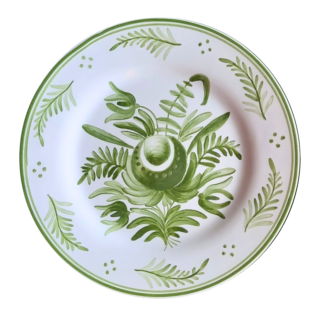 Plain Rrim plate with Anique Flowers 92 monochrome green hand painted decoration