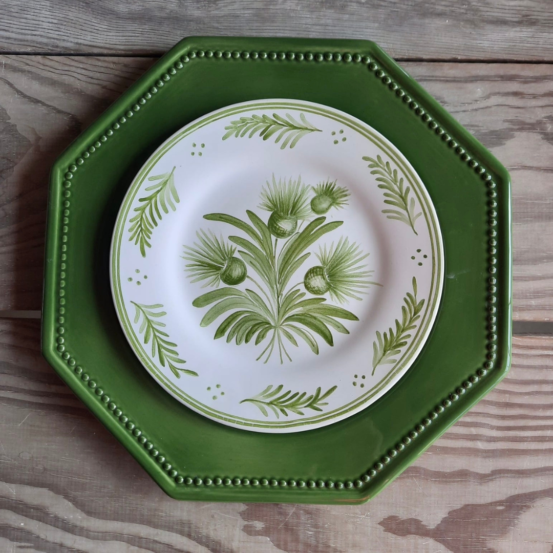 Plain Rim Antique Flowers 90 monochrome green plate with Octogonal Pearl green glazed plate