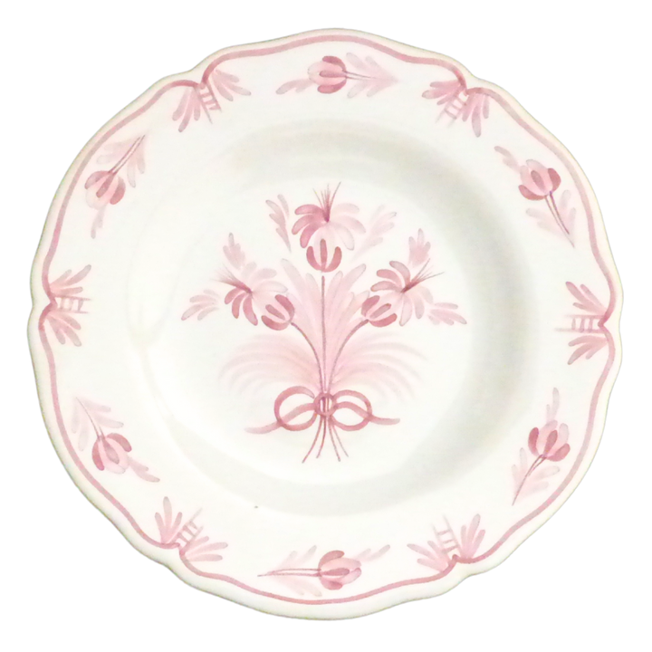 Scalloped edge Feston plate with hand painted Antique Flower 94 and leaf border motif in pink monochrome
