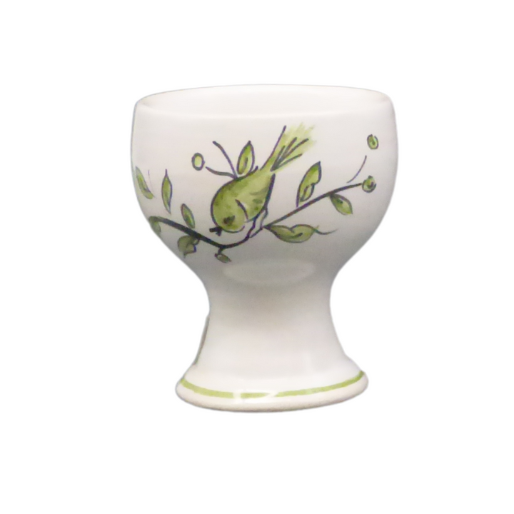 Simple egg cup with a hand painted green bird