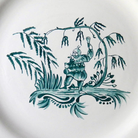 Scalloped Edge Feston plate with hand painted Chinoiserie 1 'The Merry Maker' monochrome Turquoise decoration