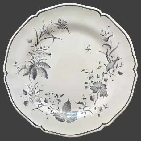 Scalloped Edge Round Feston serving plate with St Omer monochrome grey decor