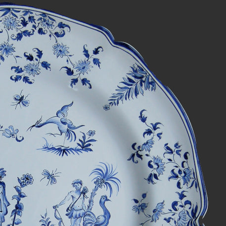 Scalloped Edge Round Feston serving plate with elaborate Moustiers monochrome blue decor